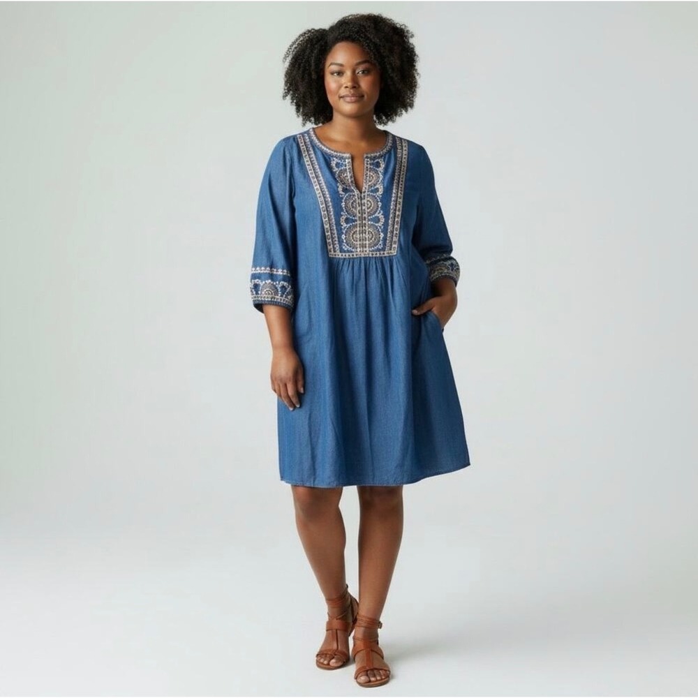J. Jill Denim Embroidered Split Neck Shift Dress Blue Chambray Size 2X Fall